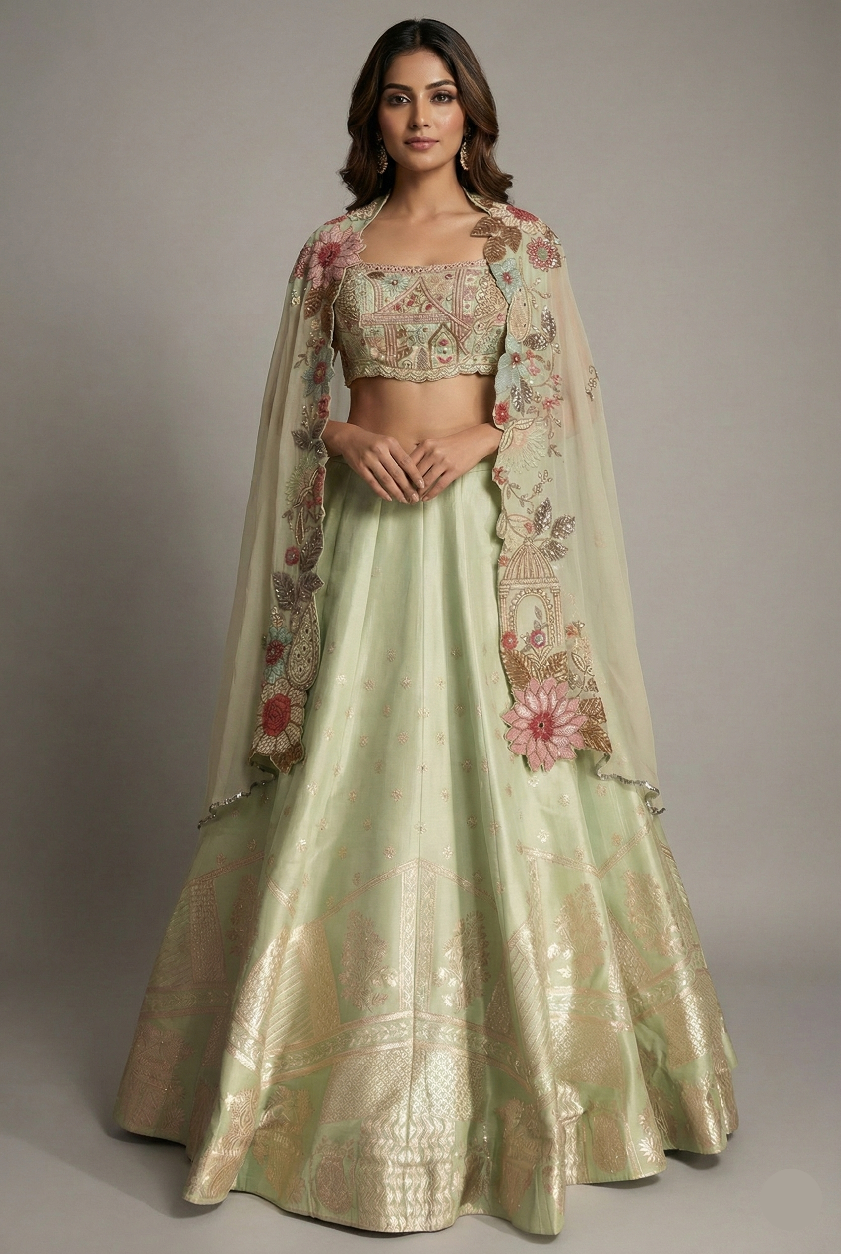 Pista Green Silk Woven Crop Top Lehenga with Handoworked Jacket - green silk saree Main image