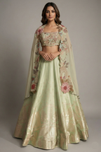 Pista Green Silk Woven Crop Top Lehenga with Handoworked Jacket - green silk saree