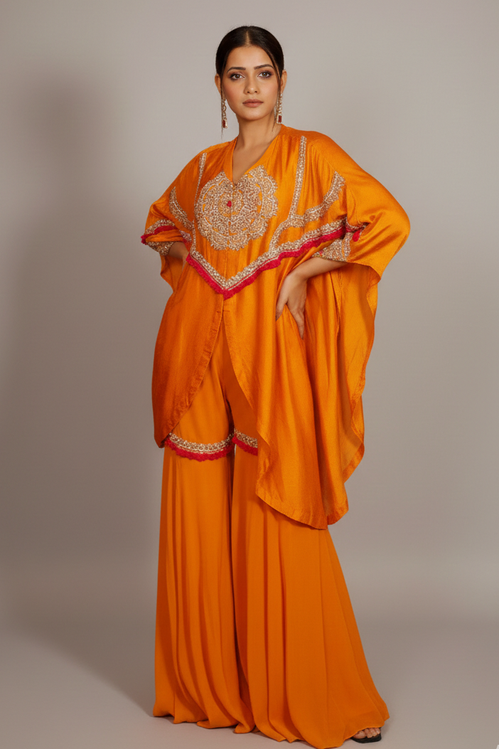 Orange Raw Silk Dori Embroidered Sharara Set - red silk saree embroidered