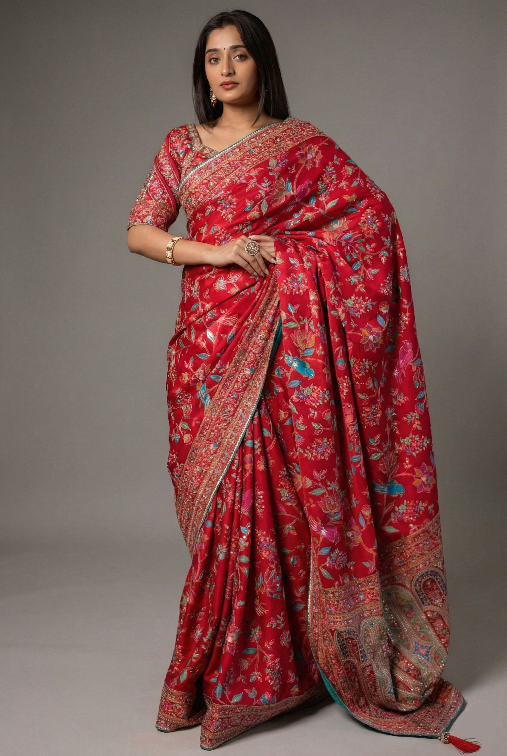 Red Silk Printed Saree with Sequin Embroidery Work - red silk saree embroidery