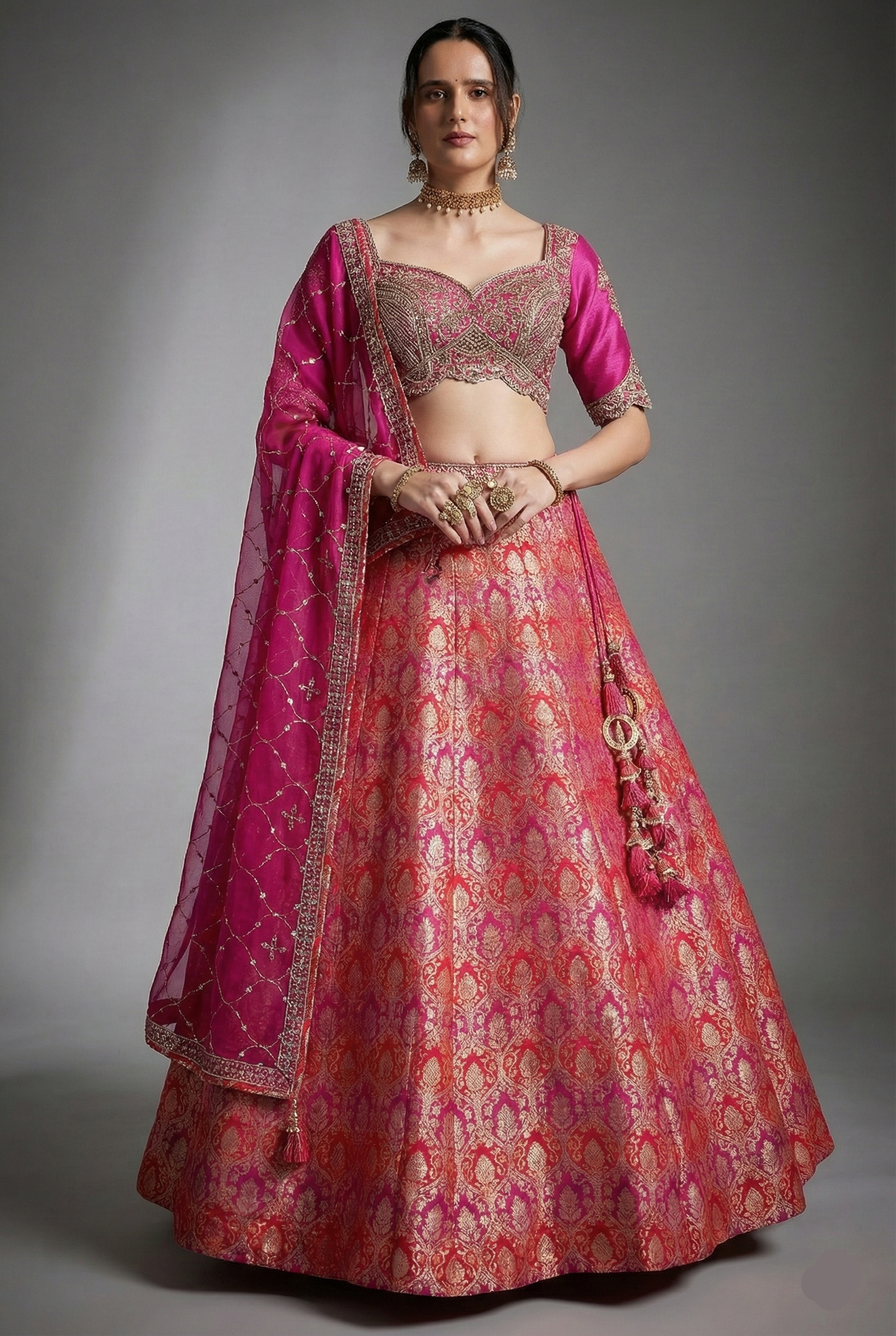 Pink and Red Banarasi Silk All Over Woven Lehenga - red silk saree Main image