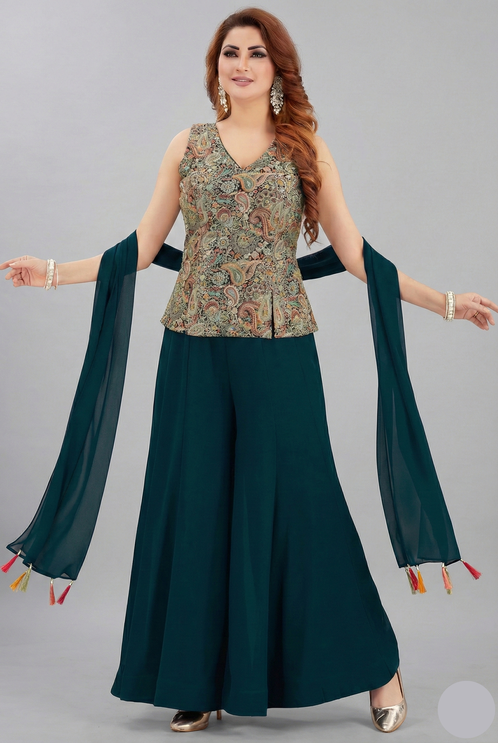 Green Georgette Embroidered Palazzo Suit - red georgette saree embroidered