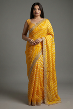 Yellow Silk Leheriya Printed Saree with Applique Scallop Border - yellow silk saree