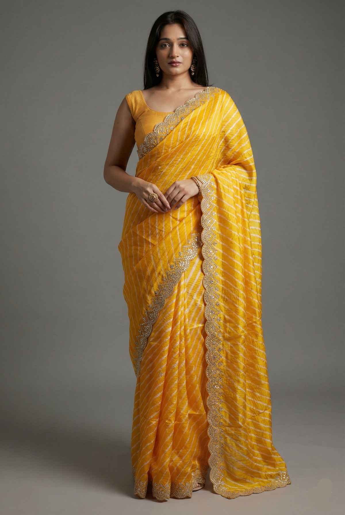 Yellow Silk Leheriya Printed Saree with Applique Scallop Border