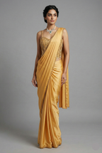Yellow Crepe Silk Readymade Saree with Corset - yellow silk saree