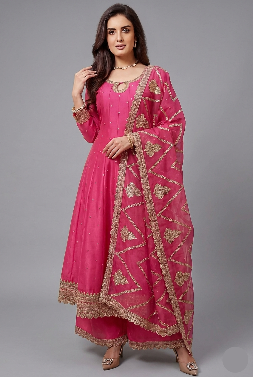 Pink Art Silk Embroidered Anarkali Palazzo Suit - red silk saree embroidered Main image