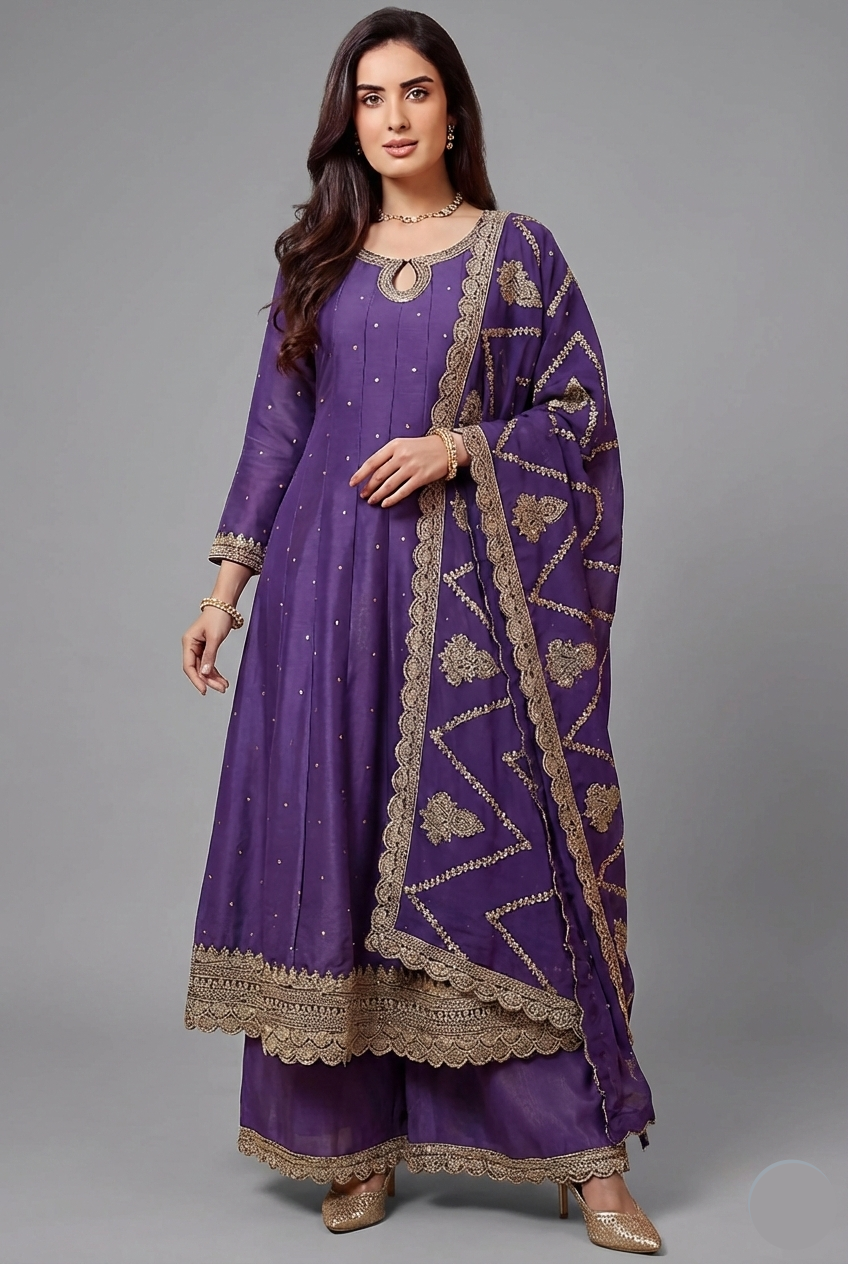 Purple Art Silk Embroidered Anarkali Palazzo Suit - red silk saree embroidered