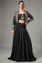Black Crepe Silk Floral Embroidered Crop Top with Mermaid Cut Lehenga and Jacket - red silk saree embroidered
