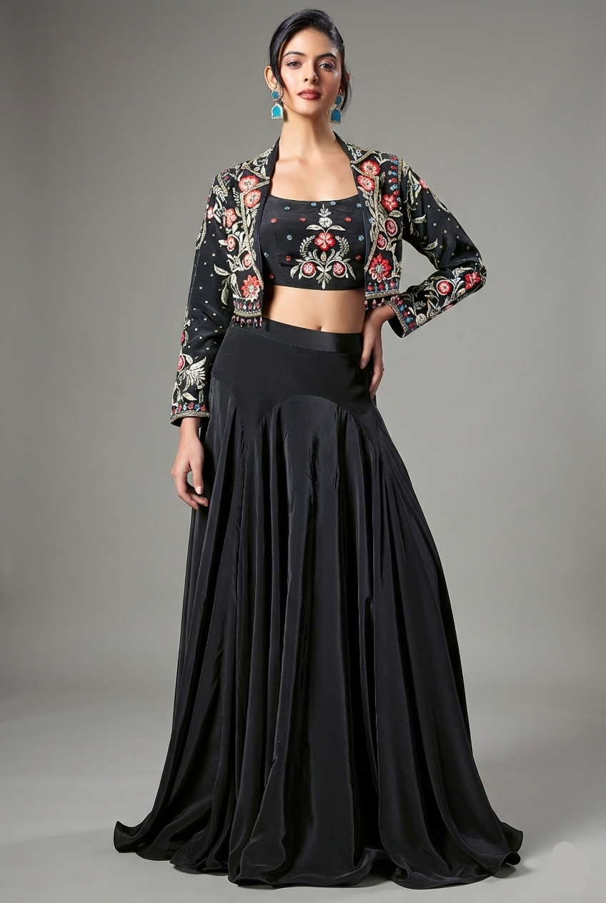 Black Crepe Silk Floral Embroidered Crop Top with Mermaid Cut Lehenga and Jacket - red silk saree embroidered