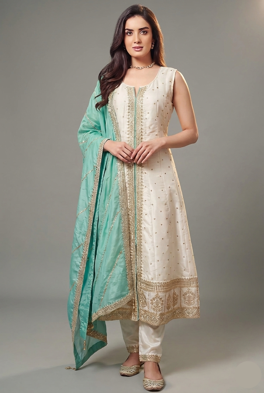 Cream Art Silk Sequin Embroidery Worked Suit - cream silk saree embroidery