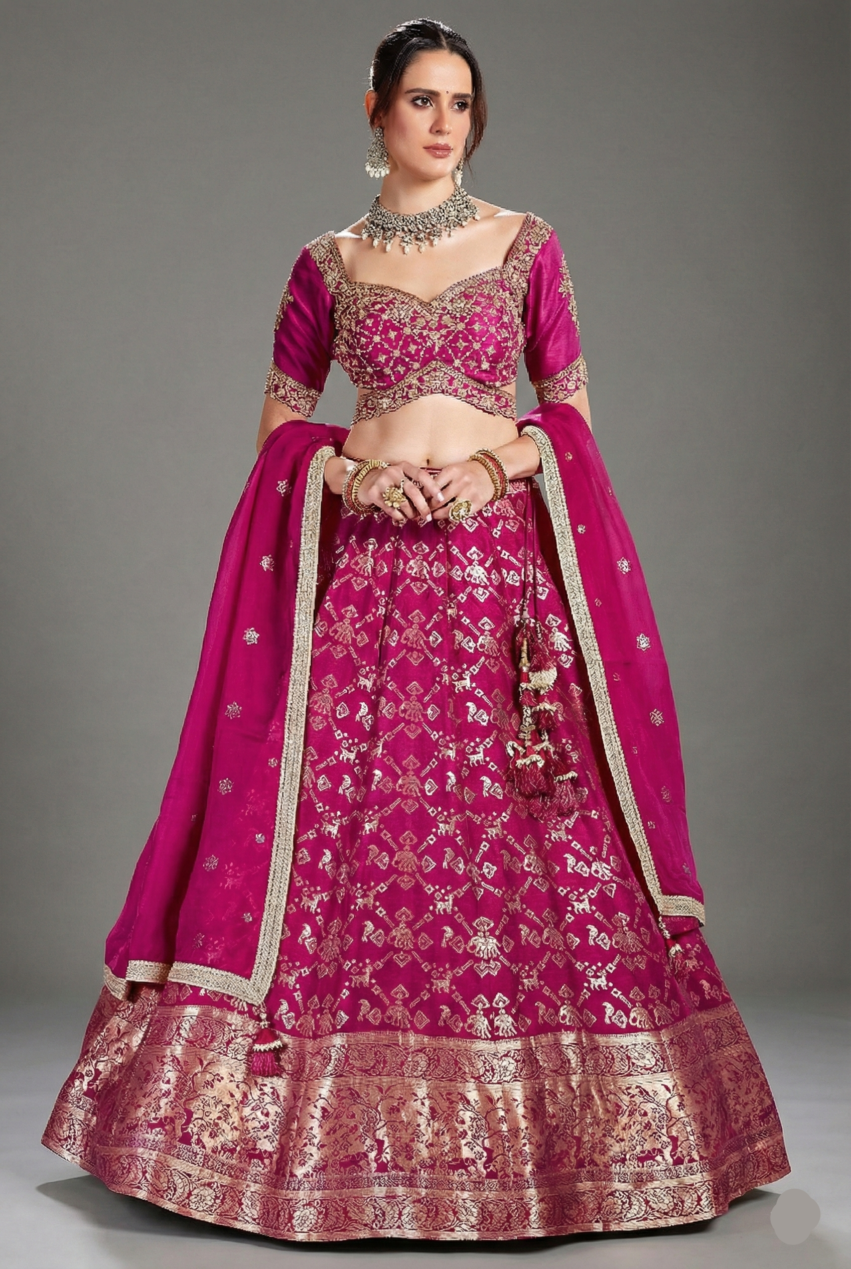 Rani Pink Banarasi Silk All Over Zari Weave Lehenga - pink silk saree zari Main image