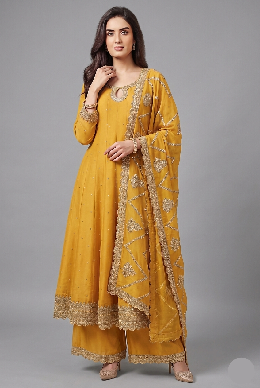 Yellow Art Silk Embroidered Anarkali Palazzo Suit - red silk saree embroidered Main image