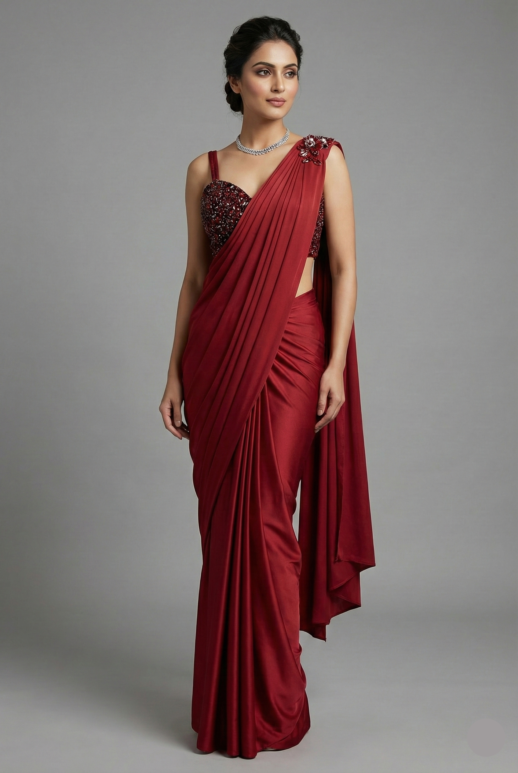 Red Lycra Net Pre Draped Saree with Embellished Blouse - red net saree