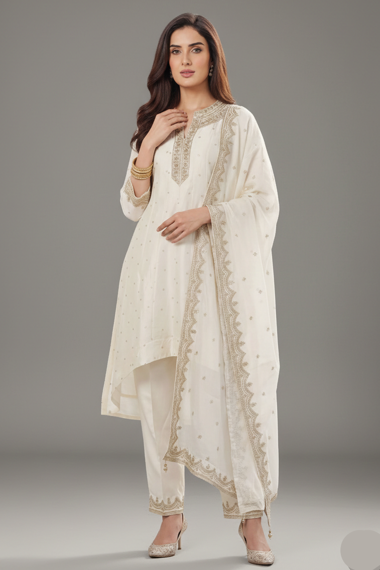 Pearl White Art Silk Sequin Embroidered High and Low Suit - red silk saree embroidered Main image