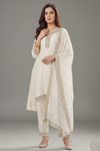 Pearl White Art Silk Sequin Embroidered High and Low Suit - red silk saree embroidered
