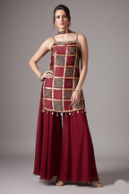 Maroon Gaji Silk Ajrakh Printed Straight Cut Palazzo Suit with Tassles - maroon silk saree