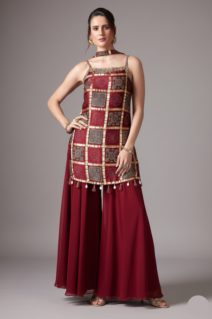 Maroon Gaji Silk Ajrakh Printed Straight Cut Palazzo Suit with Tassles - maroon silk saree