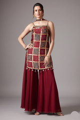 Maroon Gaji Silk Ajrakh Printed Straight Cut Palazzo Suit with Tassles