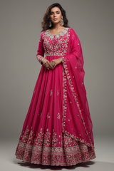 Pink Chinon Thread Embroidered Bodice Anarkali Suit - red saree embroidered