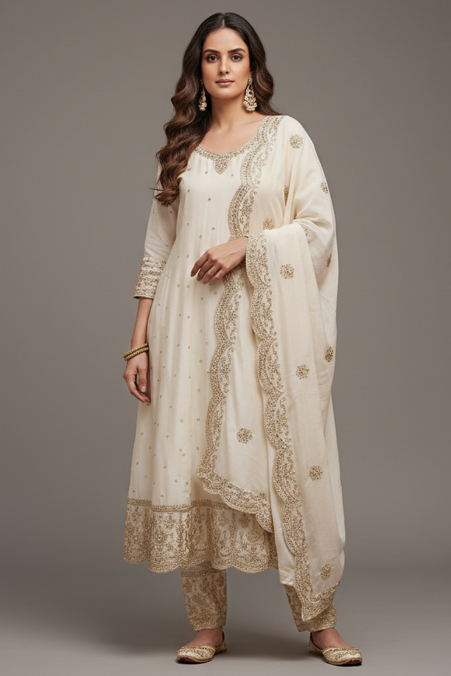 Pearl White Art Silk Sequin Embroidered Anarkali Suit with Scallop Border Main image