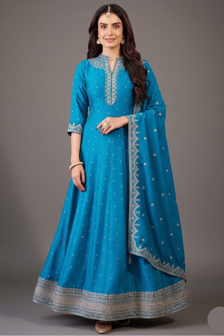 Sky Blue Art Silk Sequin Embroidery Worked Anarkali Suit - blue silk saree embroidery Main image