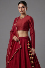 Close-up of Zardosi and diamond embroidery on the Maroon Matka Silk Bridal Lehenga