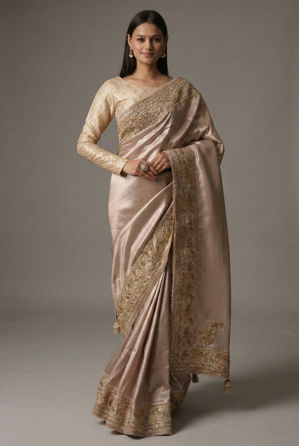 Peach Dola Silk Saree with Sequin Embroidery Border - peach silk saree embroidery