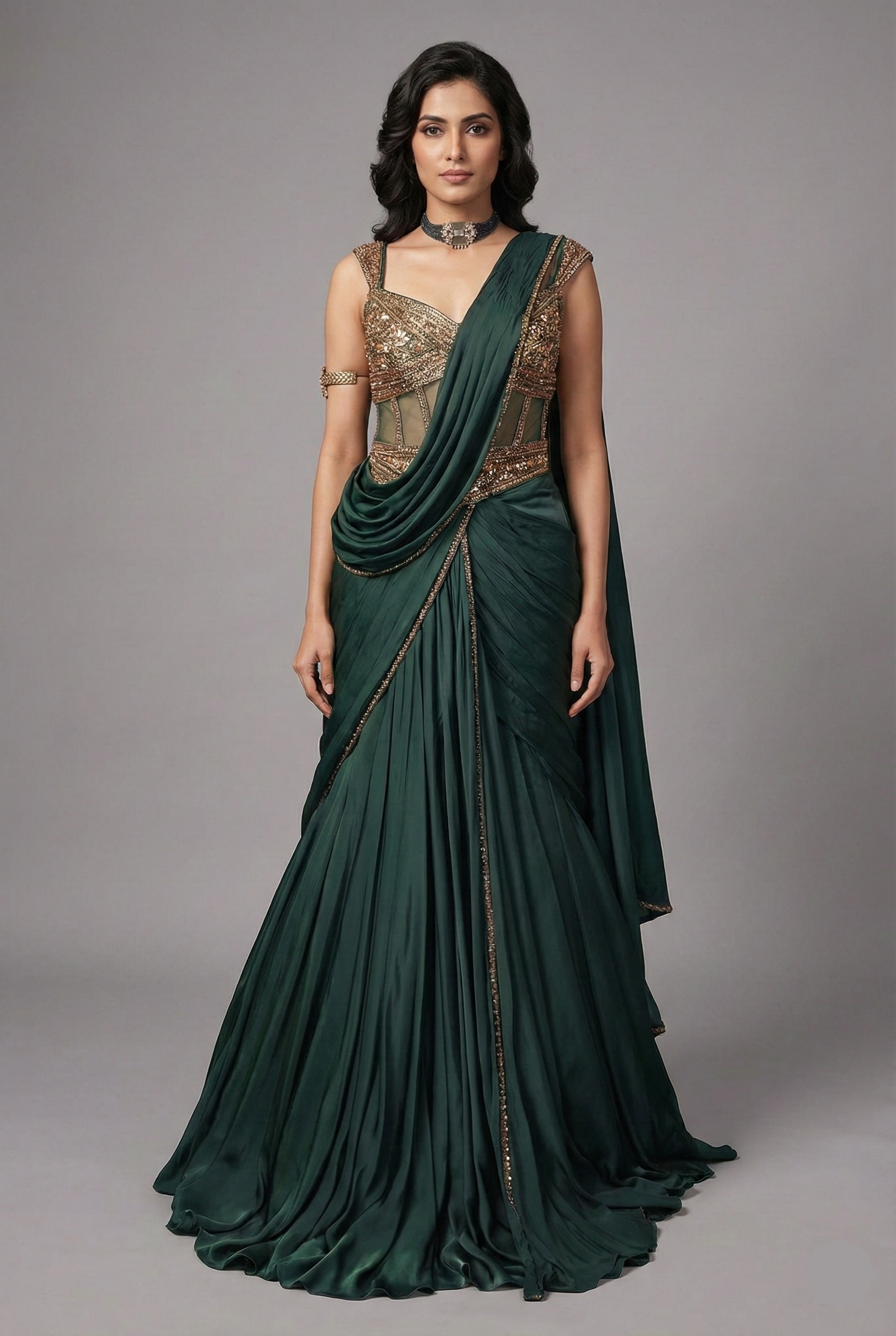 Bottle Green Crepe Satin Silk Pre Draped Lehenga Style Saree with Embellished Corset - green silk saree Main image