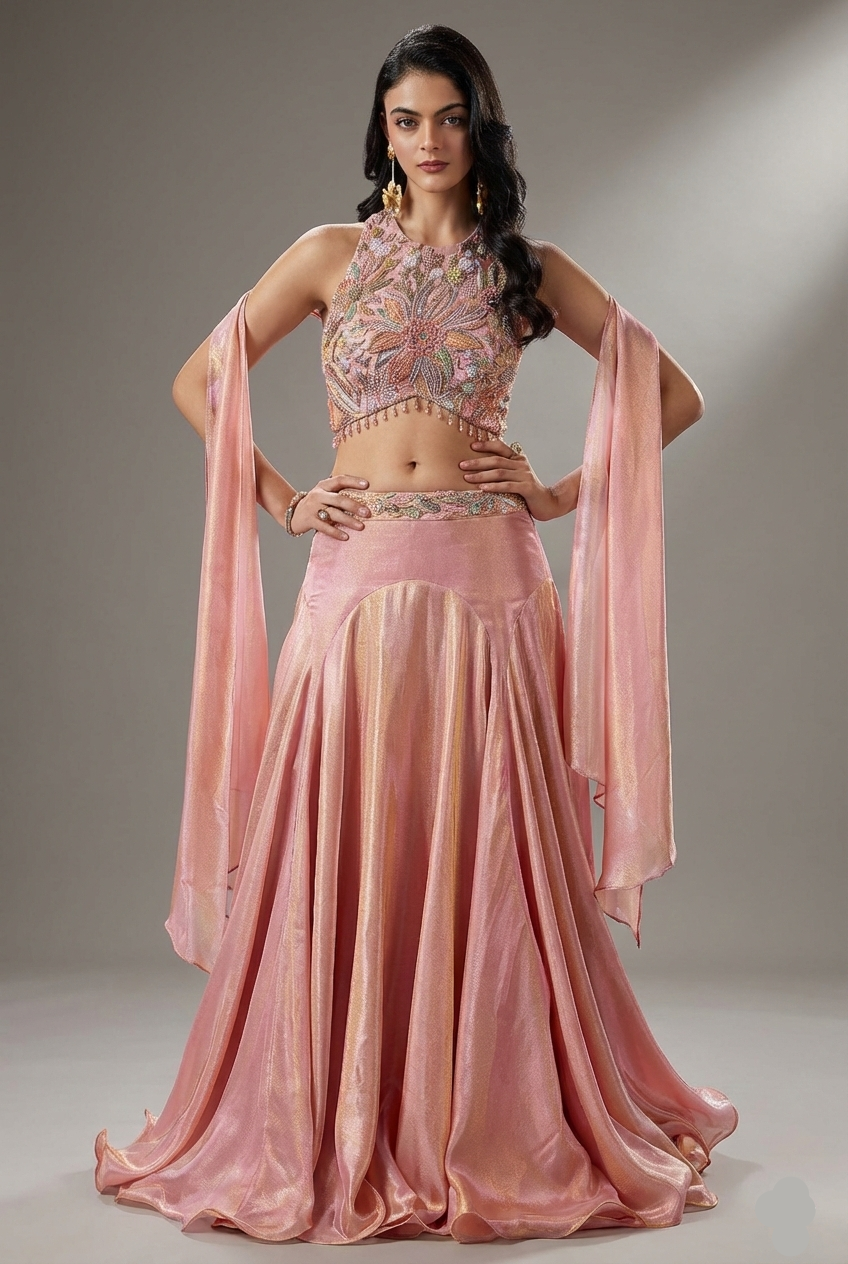 Rose Pink Tissue Mermaid Cut Lehenga with Sequin Cutdana Worked Blouse - pink saree