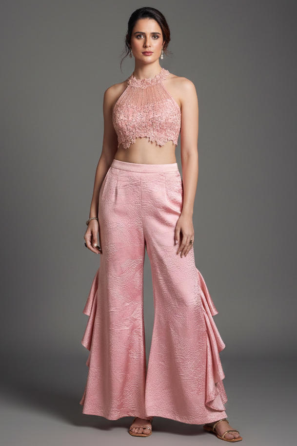Pink Net Sequins Cutdana Worked Halter Neck Crop Top Palazzo Set - pink net saree