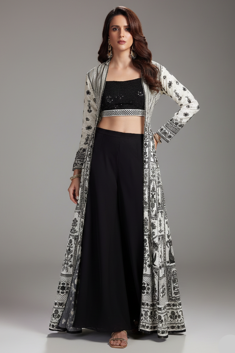 Black Georgette Sequin Beaded Crop Top Palazzo Set with Printed Jacket - black georgette saree Main image