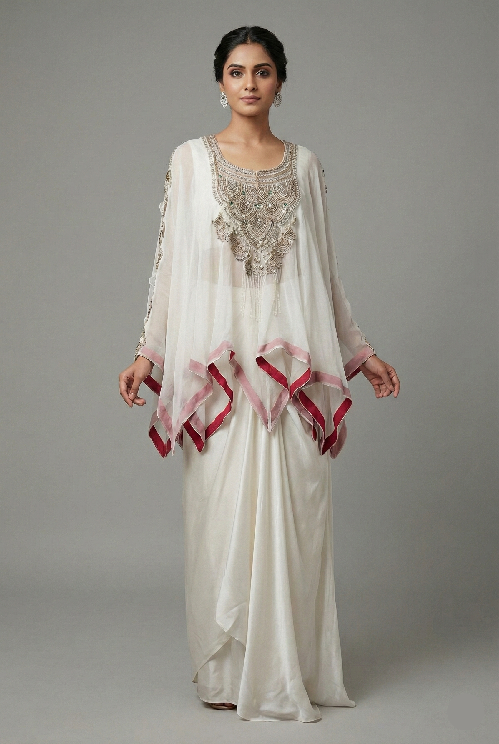Off White Georgette Organza Asymmetric Sequinned Top and Dhoti Skirt Set - white georgette saree Main image