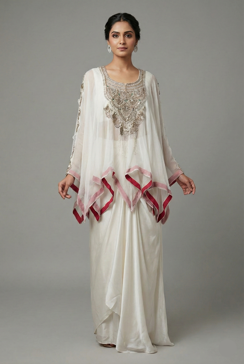 Off White Georgette Organza Asymmetric Sequinned Top and Dhoti Skirt Set - white georgette saree
