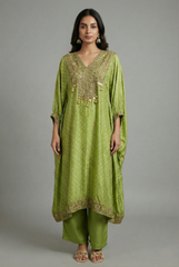 Parrot Green Silk Bandhej Printed Kaftan Set with Zardosi and Beads Work