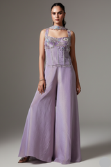 Lilac Purple Tissue Silk Seuqins Beaded Corset Palazzo Set - purple silk saree