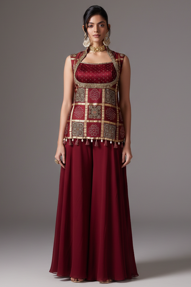 Maroon Gaji Silk Ajrakh Printed Palazzo Suit - maroon silk saree