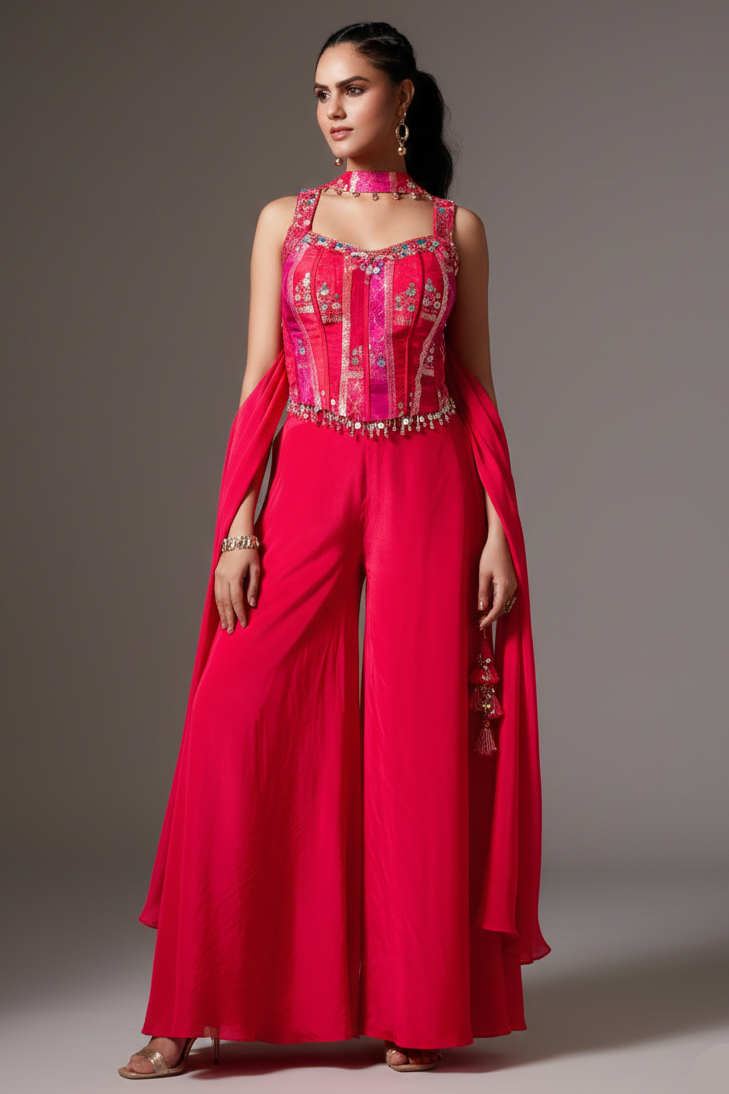 Pink Crepe Silk Woven Corset Palazzo Set - pink silk saree Main image