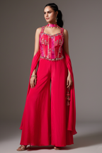Pink Crepe Silk Woven Corset Palazzo Set - pink silk saree