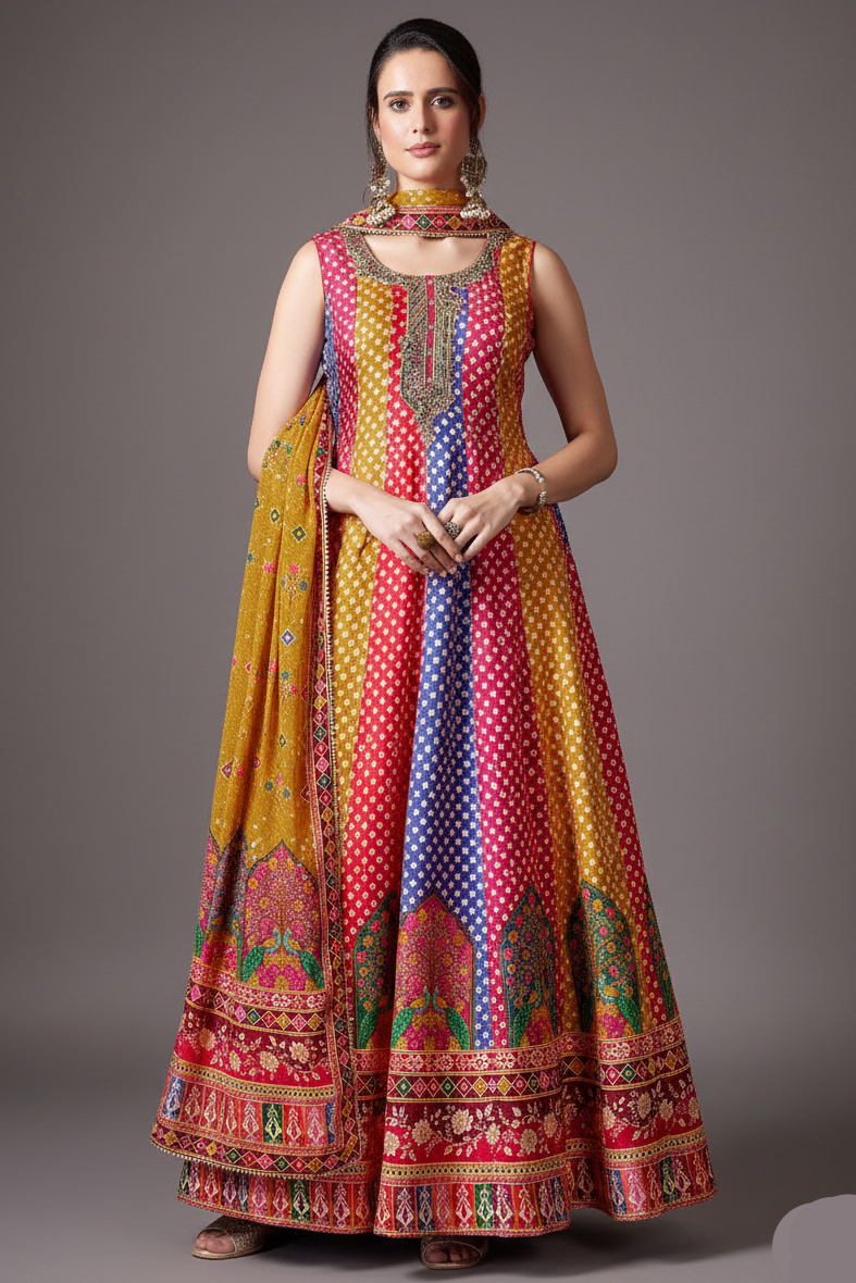 Multi Colored Silk Bandhej Printed Anrakli Suit - red silk saree bandhej