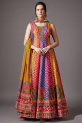 Multi Colored Silk Bandhej Printed Anrakli Suit