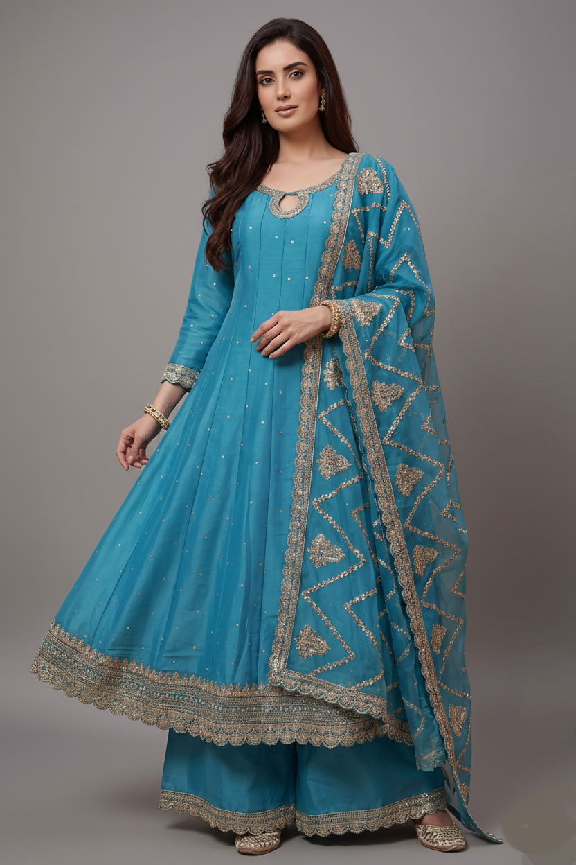 Sky Blue Art Silk Embroidered Anarkali Palazzo Suit - red silk saree embroidered Main image