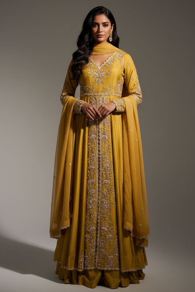Yellow Raw Silk V Neckline Slit Cut Palazzo Suit with Sequins Work - yellow silk saree
