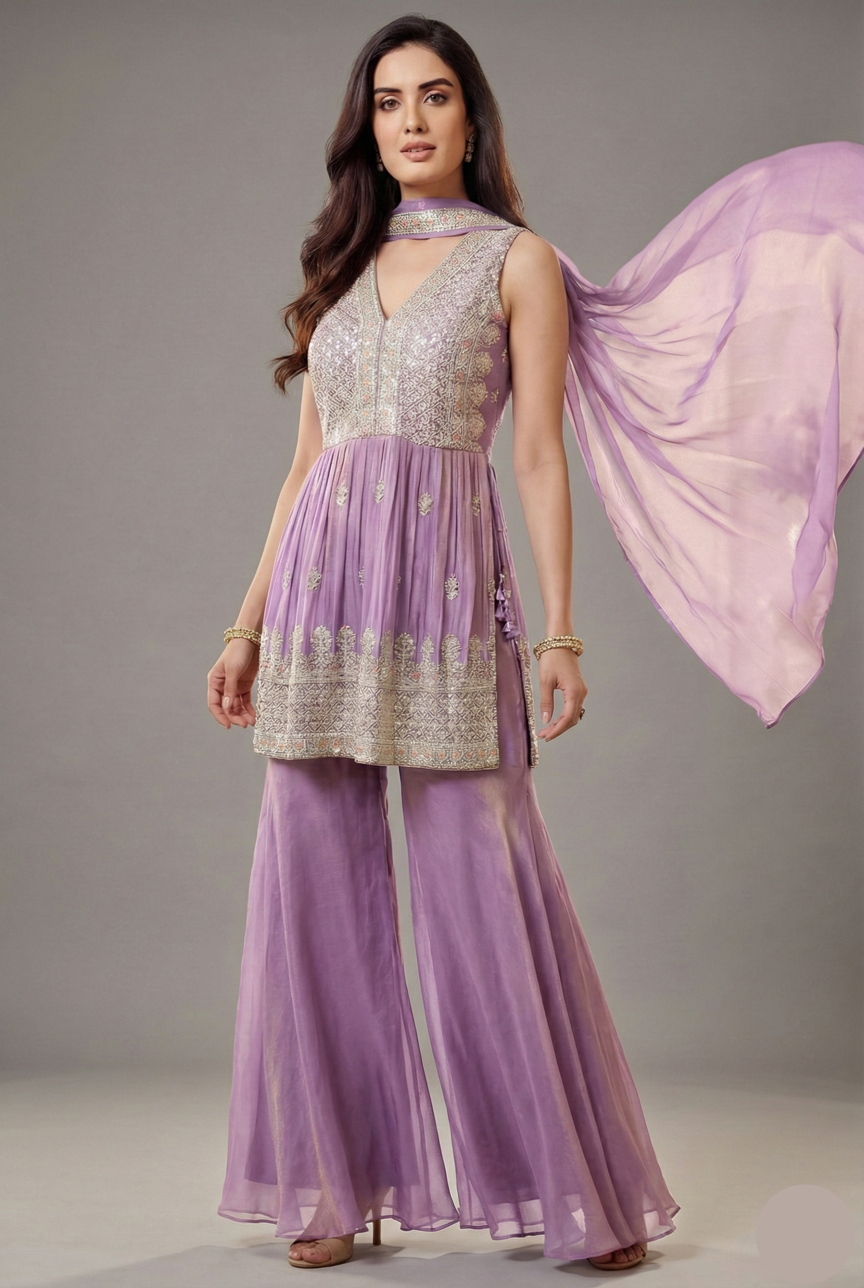 Lilac Orchid Purple Glass Tissue Organza Embroidered Palazzo Suit - red organza saree embroidered Main image