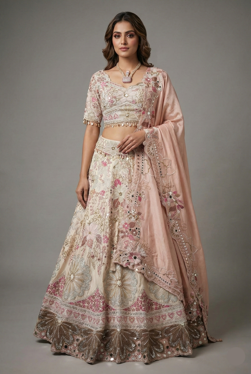 Cream Designer Floral Work Lehenga with Beaded and Mirror Work - cream saree