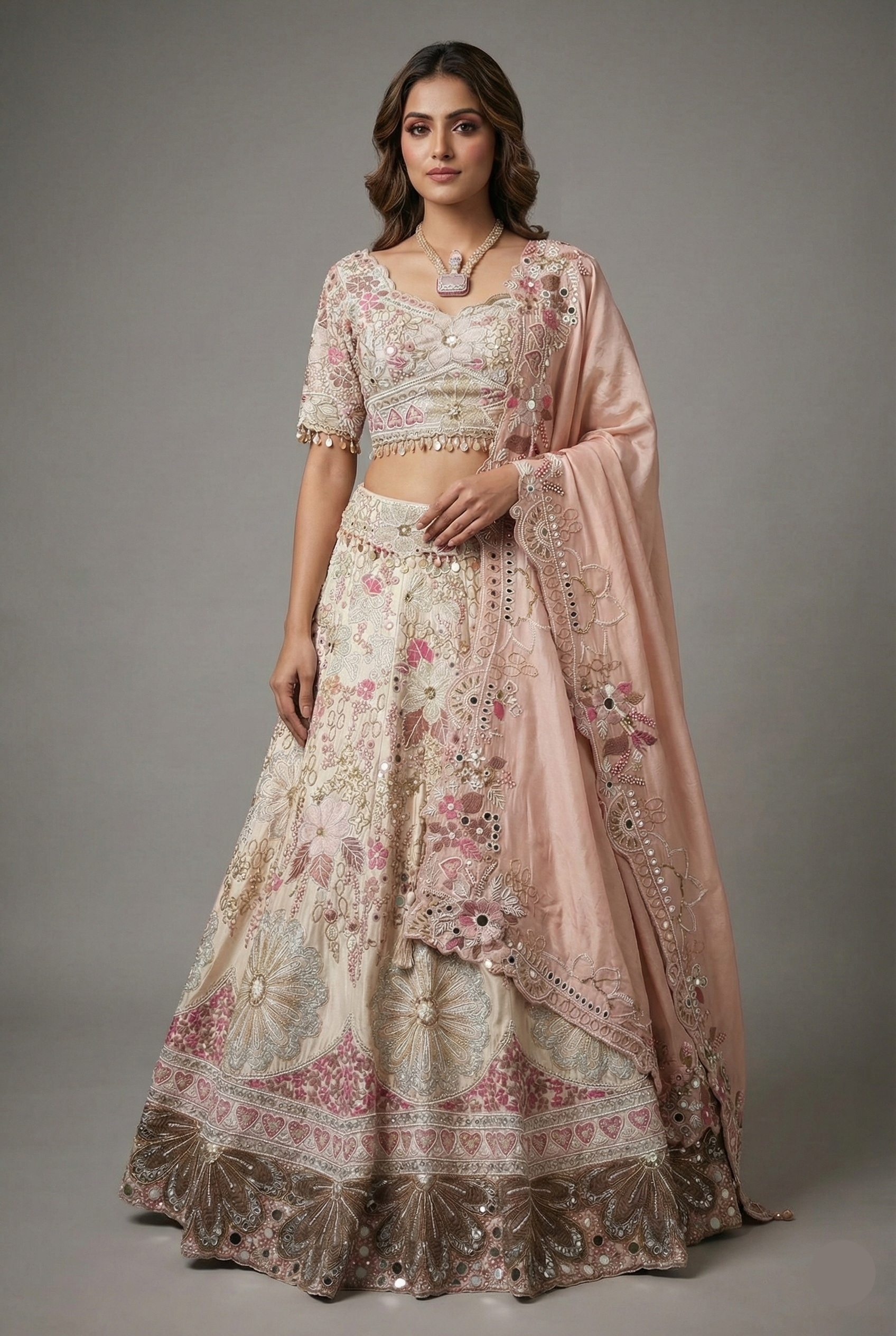 Cream Designer Floral Work Lehenga with Beaded and Mirror Work - cream saree