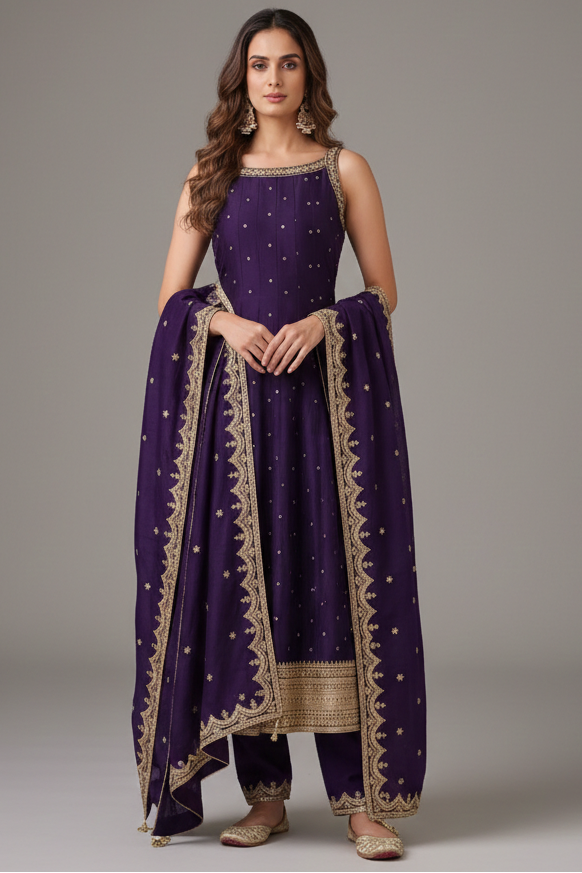 Purple Art Silk Sequins Embroidery Worked Anarkali Suit - purple silk saree embroidery