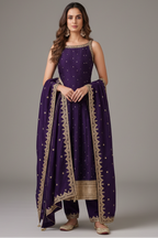 Purple Art Silk Sequins Embroidery Worked Anarkali Suit - purple silk saree embroidery