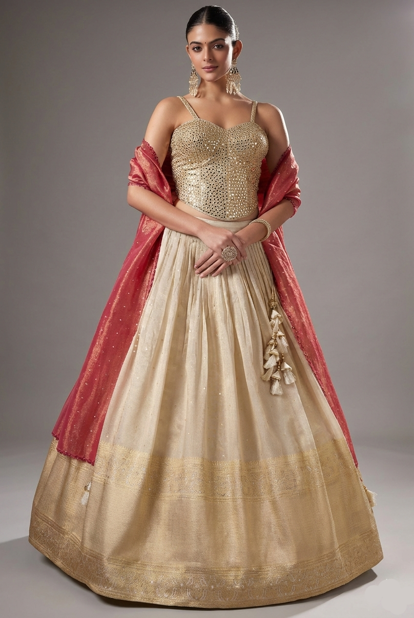 Cream Tissue Woven Pleated Lehenga with Mirror Work Corset - cream saree