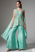 Light Sea Green Tissue Silk Sequins Cutdana Work Floral Motif Palazzo Suit - green silk saree