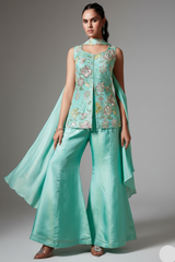 Light Sea Green Tissue Silk Sequins Cutdana Work Floral Motif Palazzo Suit - green silk saree